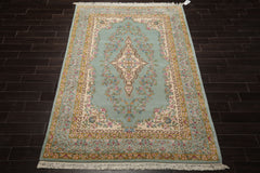 6x9 Aqua, Gold, Ivory Color Hand Knotted Kerman New Zealand Wool Traditional Oriental Rug