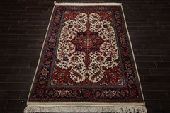 6x9 Ivory, Midnight Blue, Rust Color Hand Knotted Heriz Wool Arts & Crafts Oriental Rug