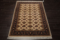 6x9 Ivory, Navy, Green Color Hand Knotted Agra Wool Traditional Oriental Rug