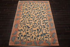 6x9 Beige, Muted Peach, Teal Color Hand Knotted Tibetan Wool Contemporary Oriental Rug