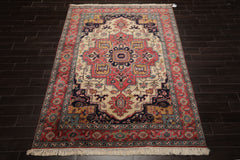 6x9 Pink, Ivory, Midnight Blue Color Hand Knotted Heriz New Zealand Wool Arts & Crafts Oriental Rug