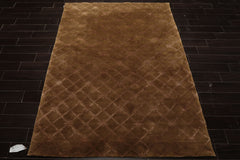 5x8 Tone on Tone Brown, , Color Hand Knotted Tibetan Wool & Bamboo Silk Transitional Oriental Rug