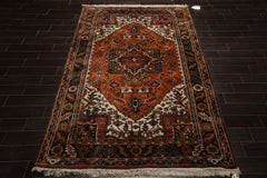 6x9 Orange, Ivory, Black Color Hand Knotted Heriz Wool Arts & Crafts Oriental Rug