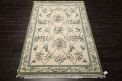 6x9 Ivory, Mint, Blush Color Hand Knotted French Aubusson Savonnerie New Zealand Wool Traditional Oriental Rug