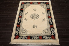 6x9 Ivory, Black, Orange Color Hand Knotted Chinese Art Deco New Zealand Wool Traditional Oriental Rug