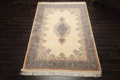 6x9 Ivory, Teal, Rose Color Hand Knotted French Aubusson Savonnerie New Zealand Wool Traditional Oriental Rug