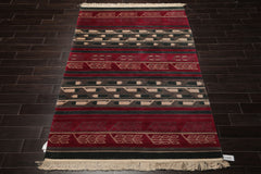 5x8 Plum, Teal, Gray Color Hand Knotted Tibetan New Zealand Wool Art Deco Oriental Rug