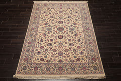 6x9 Ivory, Rose, Blue Color Hand Knotted Kashan New Zealand Wool Traditional Oriental Rug