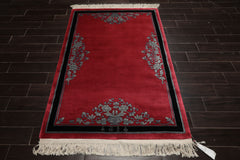 4x6 Rose, Black, Gray Color Hand Knotted Chinese Art Deco Wool Traditional Oriental Rug