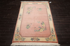 5x8 Rose, Ivory, Aqua Color Hand Knotted French Aubusson Savonnerie Wool Traditional Oriental Rug