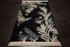 5x8 Black, Aqua, Mint Color Hand Knotted French Aubusson Savonnerie Wool Traditional Oriental Rug