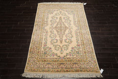 6x9 Ivory, Mustard, Green Color Hand Knotted Kerman New Zealand Wool Traditional Oriental Rug