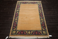 5x8 Tan, Teal, Plum Color Hand Knotted Tibetan New Zealand Wool Art Deco Oriental Rug