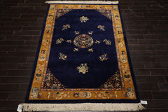 6x9 Navy, Gold, Ivory Color Hand Knotted Chinese Art Deco Wool Traditional Oriental Rug
