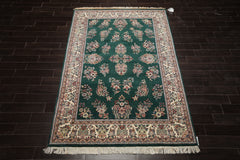 6x9 Emerald, Ivory, Rose Color Hand Knotted Kerman New Zealand Wool Traditional Oriental Rug