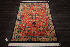 6x9 Orange, Navy, Gold Color Hand Knotted Chinese Art Deco New Zealand Wool Traditional Oriental Rug