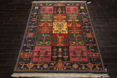 6x8 Green, Pink, Gold Color Hand Knotted Gabbeh Wool Pictorial Oriental Rug