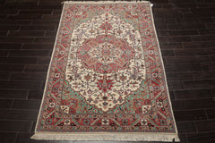5x8 Ivory, Rose, Aqua Color Hand Knotted Tabriz Wool Traditional Oriental Rug