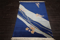 6x9 Navy, Mint, Lavender Color Hand Knotted Chinese Art Deco Wool Traditional Oriental Rug