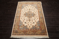 6x9 Ivory, Tan, Blue Color Hand Knotted Heriz New Zealand Wool Traditional Oriental Rug