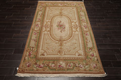 5x8 Beige, Tan, Green Color Hand Woven Aubusson Savonnerie Wool Traditional Oriental Rug