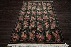 6x9 Black, Green, Ivory Color Hand Knotted Aubusson Savonnerie Wool Traditional Oriental Rug