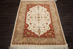6x8 Ivory, Burnt Orange, Tan Color Hand Knotted Heriz Wool Traditional Oriental Rug