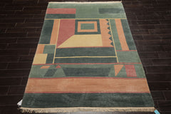 5x8 Teal, Rose, Peach Color Hand Knotted Tibetan New Zealand Wool Modern & Contemporary Oriental Rug