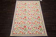 6x8 Ivory, Blue, Rose Color Hand Woven Caucasian Needlepoint Wool Traditional Oriental Rug