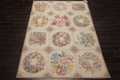 6x9 Ivory, Rose, Blue Color Hand Woven French Needlepoint Wool Traditional Oriental Rug