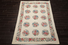 6x9 Ivory, Rose, Red Color Hand Woven French Needlepoint Wool Traditional Oriental Rug