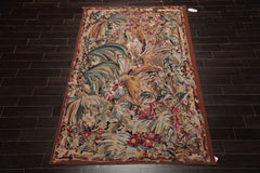 6x9 Ivory, Rose, Teal Color Hand Woven French Aubusson Tapestry Wool Traditional Oriental Rug