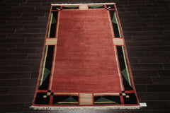 6x9 Rust, Black, Green Color Hand Knotted Tibetan New Zealand Wool Art Deco Oriental Rug