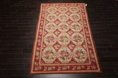 6x9 Beige, Fuschia, Green Color Hand Knotted Aubusson Savonnerrie Wool Traditional Oriental Rug