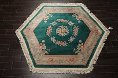 Square Emerald, Tan, Taupe Color Hand Knotted Aubusson Savonnerrie Wool Traditional Oriental Rug
