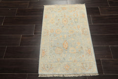 2x3 Blue, Beige, Caramel Color Hand Knotted Oushak Wool Transitional Oriental Rug