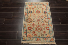 2x3 Beige, Aqua, Rust Color Hand Knotted Oushak Wool Transitional Oriental Rug