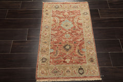 2x3 Rust, Beige, Aqua Color Hand Knotted Oushak Wool Transitional Oriental Rug