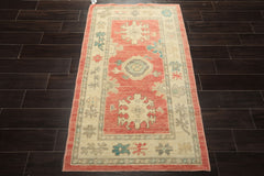 3x5 Coral, Ivory, Aqua Color Hand Knotted Oushak Wool Transitional Oriental Rug