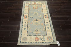 3x5 Light Blue, Ivory, Rose Color Hand Knotted Oushak Wool Transitional Oriental Rug