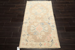 3x5 Tan, Ivory, Rust Color Hand Knotted Oushak Wool Transitional Oriental Rug