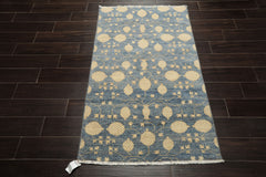 3x5 Blue, Beige, Ivory Color Hand Knotted Afghan Oushak Wool Transitional Oriental Rug