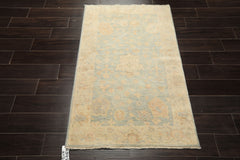 3x5 Aqua, Ivory, Caramel Color Hand Knotted Oushak Wool Transitional Oriental Rug