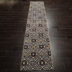 Runner Ivory, Blue, Brown Color Hand Knotted Oushak Wool Transitional Oriental Rug