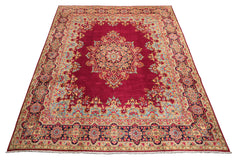 9x12 Fuschia, Aqua, Navy Color Hand Knotted Kerman Wool Traditional Oriental Rug
