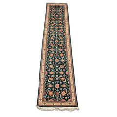 2'6x12 Teal, Ivory, Rose Color Hand Knotted Pak Persian Wool Traditional Oriental Rug
