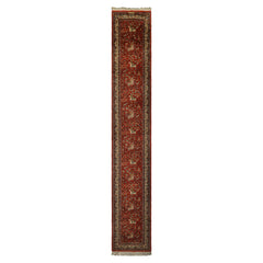 Runner Burnt Orange, Ivory, Navy Color Hand Knotted Kashan Wool Traditional Oriental Rug