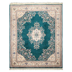 7x9 Emerald, Green, Ivory Color Hand Knotted Tabriz Wool Traditional Oriental Rug