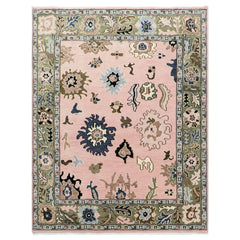 Multi Size Blush Sage Blue Color Hand Knotted Oushak Wool Traditional Oriental Rug