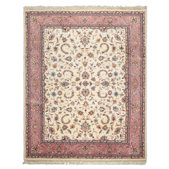 8x10 Ivory, Dusty Rose, Sage Color Hand Knotted Indo Kashan Wool Traditional Oriental Rug